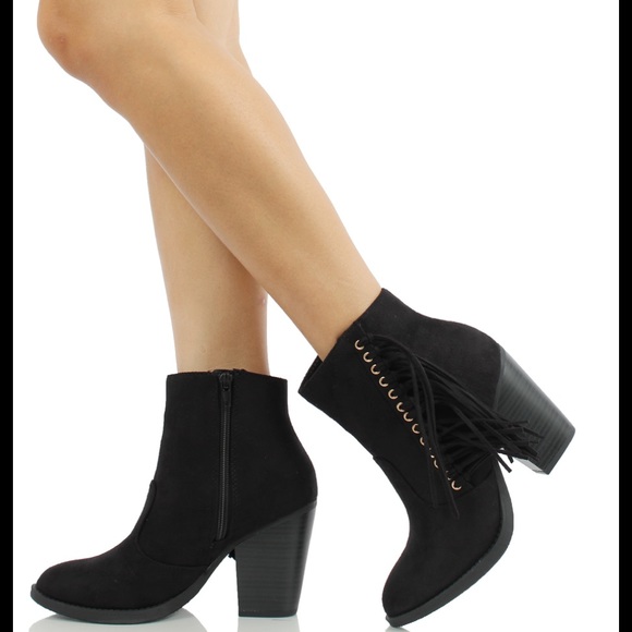 Black fringe faux suede stacked block heel boot - Picture 3 of 3